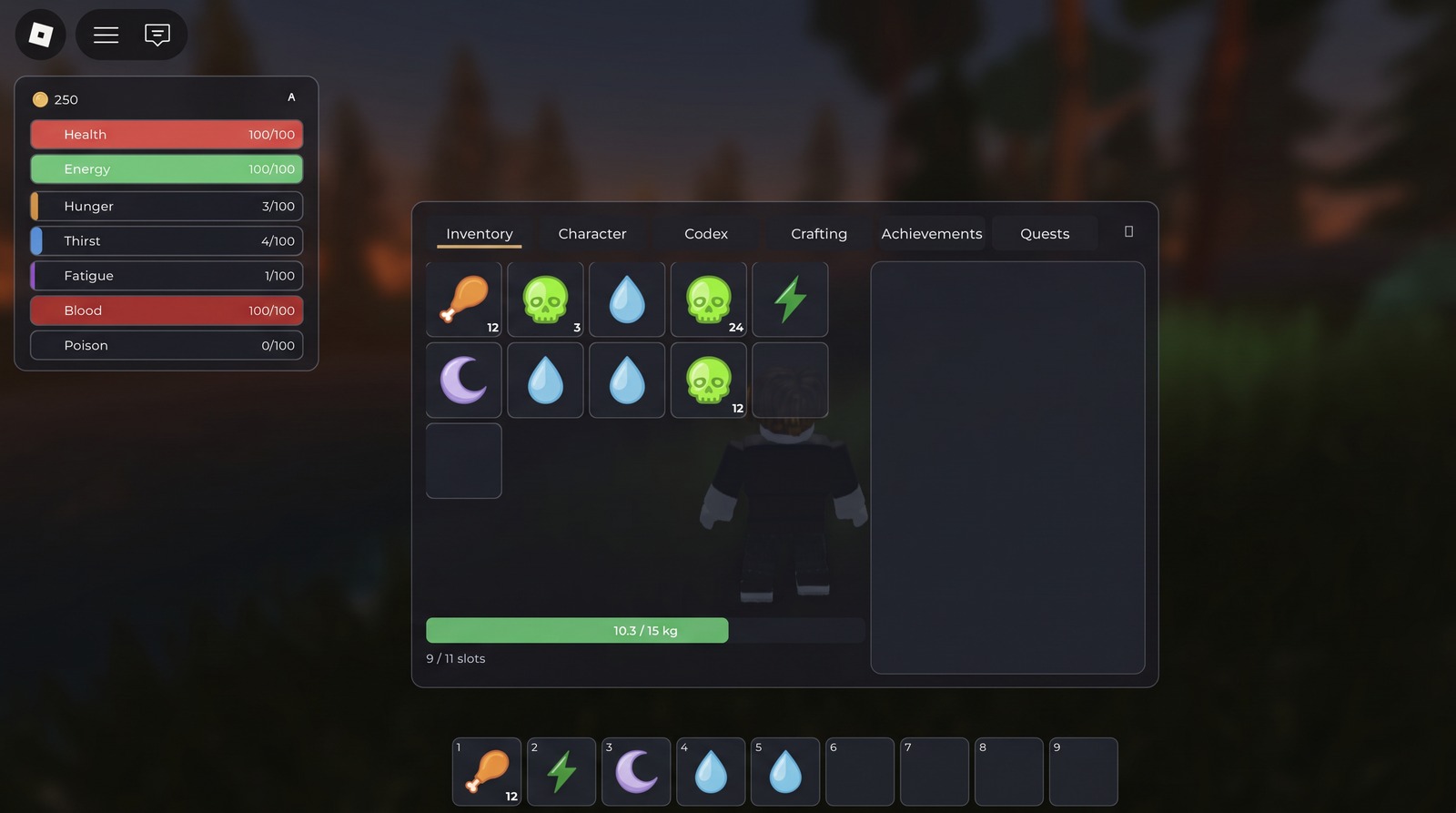 SurvivorCore in Roblox Studio: the survival HUD, a tabbed inventory/crafting menu, and the hotbar